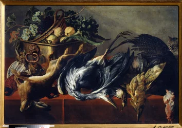 黒檀の胸のある静物。 Frans Snyders (1579-1657) による絵画。 キャンバスに油彩、98 x 160 cm。 フラマン派、バロック美術。 州立美術館、トゥーラ (またはトラン)。