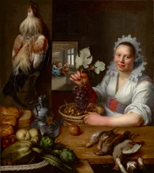 Scene de Cuisine avec scene du Christ a Emmaus - スナイダース (スナイダース)、フランス (1579-1657) 作、エマウスでのキリストとのキッチン シーン。 キャンバスに油彩、1615 年から 1620 年の間。寸法 : 114,5x102 cm。 Muzeul National Brukenthal, シビウ