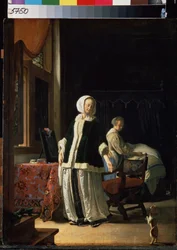 若い女性の朝。 （お嬢様の朝）。 女性とメイドが犬の毛繕いを観察している。 Frans Mieris the ElderまたはThe Elder (1635-1681)として知られるFrans van Mieris de Oudereによる絵画、1660年頃。木に油彩。 オランダの芸術、ものもらい