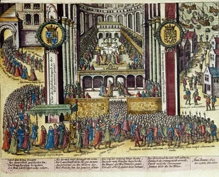 1603年25/07、ウェストミンスター大聖堂におけるイングランド王ジェームズ1世（1566-1625）の戴冠式。1653年。フランツ・ホーゲンベルク（1535-1590）による版画。版画室、B.N.、パリ。