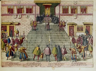1574年04月05日、ブリュッセルで行われた大赦の朗読：オレンジ公ウィリアム1世（1533-1584）、沈黙のウィリアムと呼ばれた。