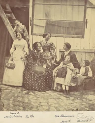 [4 人の女性と 3 人の子供のグループ ポートレート]、1850 年代から 60 年代。