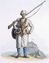 BehaleeaまたはHinduの兵士、E。Ormeによる「Costumes of India」から、1804（カラーエッチング）