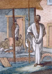 店の両替商、取引を記録する書記、そして飼いオカメインコ、『ヒンドゥー教徒、またはその習俗、衣装、儀式の記述』より、1808-12年頃
