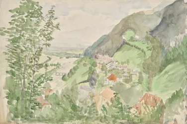 城のある山の川の風景