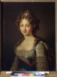 皇后エリザベート アレクセイエヴナ、バーデンのルイーズ アウグスタ王女 (1779-1826) の肖像画。 彼女は真珠のティアラを身に着けています。 （皇后エリザベス・アレクセイエヴナ、バーデンのルイーズ王女の肖像）。 皇帝アレクサンドル 1 世パブロヴィッチ (1777 年 - 1825 年) の妻。 ペイント