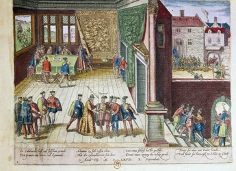 スペイン王フィリップ2世（1527-1598）に対抗したエグモント伯爵ラモラル（1522-1568）とホルネス伯爵フィリップ・ド・モンモランシー（1524-1568）が逮捕される。彼らは1568年に処刑された（右上） 1653年 Fによるプリント