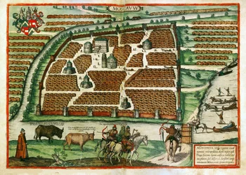 モスクワ (ロシア) の地図 - Frans Hogenberg (1535-1590) の作品、Civites orbis terrarium から抽出された彫刻と水彩画