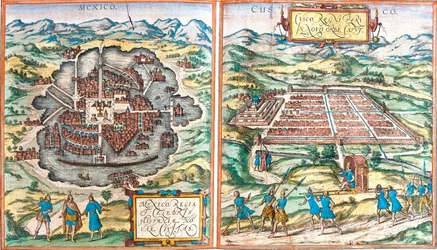 メキシコ(Mexico)とクスコ(Cusco)(Peru)の地図(エッチング)