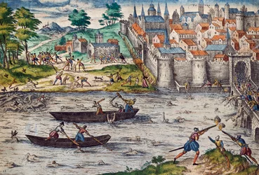 トゥールの虐殺、ユグノーに対する宗教戦争中の 1562 年 7 月、フランツ・ホーゲンバーグ (1535-1590)、フランスによる彫刻