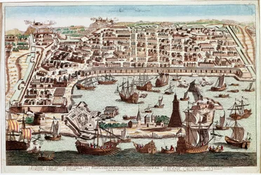 シチリア島メッシーナ市の眺め - フランツ・ホーゲンベルク（1535-1590）によるエングレーヴィング（ブラウンとホーゲンベルクによる "Civitatis Orbis Terranum "より） - 1594年（シチリア島メッシーナ市の眺め - フランツ・ホーゲンベルク（1535-1590）によるエングレーヴィング（"Civitatis Hobis Terran "より