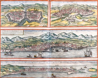 イタリア、パルマ(Parma)、シエナ(Sena)、パレルモ(Panhormus)、トラーパニ(Drepanum)(シチリア)の風景(銅版画)
