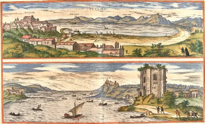 イタリアのポッツォーリ（プテオリ）とベイ（バイアエ）（現在のバイア）、ナポリ湾の温泉の古代遺跡と要塞のある風景（銅版画