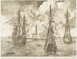 The Sailing Vessels より、灯台のある要塞島の近くに停泊する 4 マスターと 2 人の 3 マスター