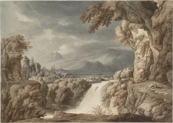 滝のある英雄的な風景、c。 1790年。