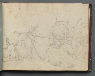 ローマとその周辺の景色を含むアルバム、風景研究、37aページ：牛と荷馬車。