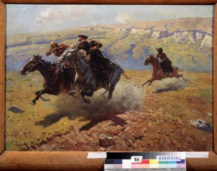 決闘（デュエル）。 フランツ・ルボー (1856-1928) の絵画、キャンバスに油彩
