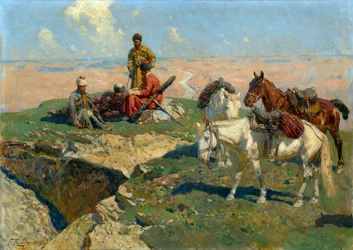 白人戦士の停止 - フランツ・ルボー (1856-1928) の絵画