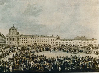 1827年、ルートヴィヒ・ヴァン・ベートーヴェンの葬列、シュヴァルツスパニアハウスからウィーン、アルセルガッセの聖三位一体教会へ（水彩画）
