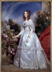 ヌムール公爵夫人の肖像 ヌムール公爵の妻、サックス＝コーブルク＝ゴータのヴィクトリー（1822-1857）の肖像。フランツ・グザヴィエ・ヴィンターハルターの後にM.P.ジュリアン・ローラン（1805-1860）が描いたもの。1846.パリ、装飾美術 - デュオの全身像