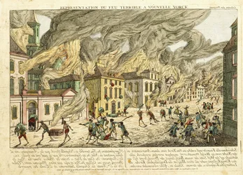 1776年の大火災時のニューヨークの眺め。 1780年、ニューヨークの恐怖の恐怖の表現