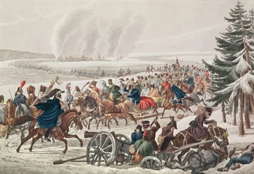 1812年11月26日、JAクラインによって彫刻されたベレージナ川にかかるフランス陸軍の後退