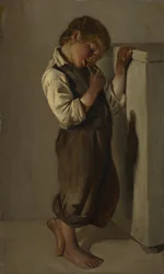 居間でパンを食べる農場の少年