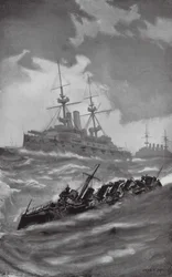 英仏海峡をクルージングするHMSマーズ、テリブル、ドラゴン（リトグラフ）