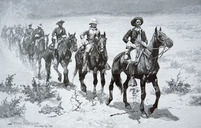砂漠を行進するアメリカの「バッファローソルジャー」（1888年の図面より）（エングレーヴィング