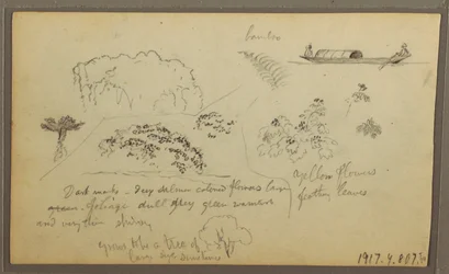 素描、教会、塔、裏面：カヌーに乗った人物、植物スケッチ、1857年