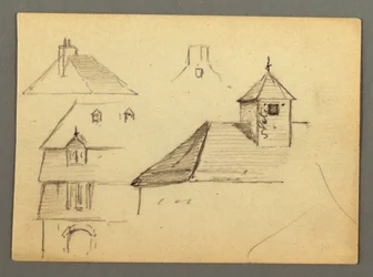 図面、邸宅の角、屋上、おそらく1868年