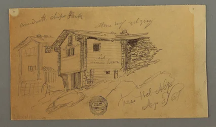 デッサン、山小屋、家、岩の細部、スイス、ベルナー・アルプス、1868年9月3日