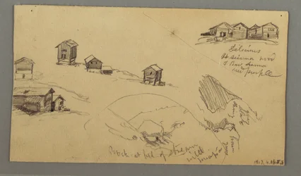デッサン、山小屋、家、岩の細部、スイス、ベルナー・アルプス、1868年9月3日