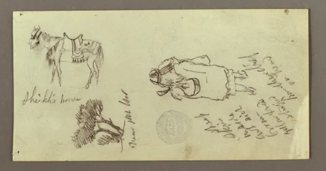 素描、馬、後ろから見た人物、樹木、1868年頃か