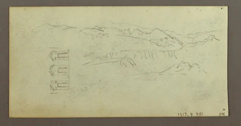 素描、馬、後ろから見た人物、樹木、1868年頃か
