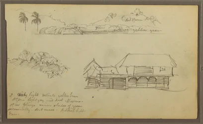 デッサン、風景、木の上、家、1857年