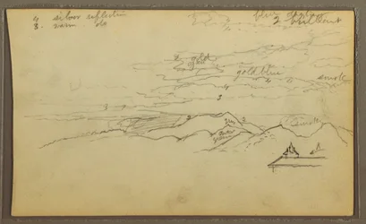 素描、風景；裏面：ボート、植物スケッチ、1857年