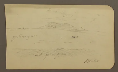 ドローイング、山の風景；裏面：ドームのある教会、1885年4月
