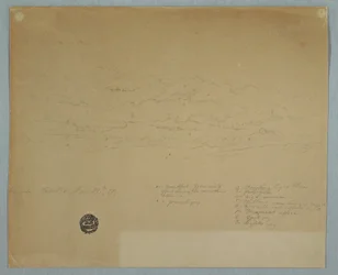 デッサン、曇り空から山の稜線に降る雨（エクアドル、ハシエンダ・チヨ、1857年7月27日