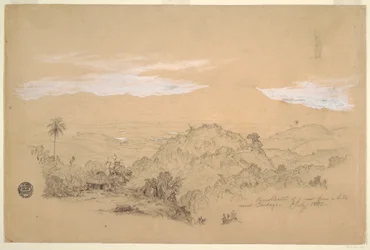 デッサン、コロンビア、カルタゴ近郊の丘からの眺めと水瓶を頭に載せた女性の回想、1853年7月