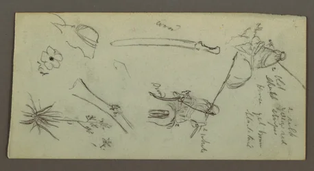 素描、馬に乗り、槍、剣、銃の下部などを持つ2人の人物、おそらく1868年