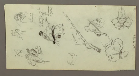 素描、馬に乗り、槍、剣、銃の下部などを持つ2人の人物、おそらく1868年