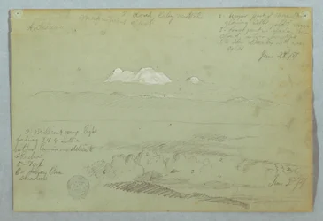 デッサン、キト近郊からのアルティサナ火山の眺め、山の稜線上の曇り空、エクアドル、1857年6月23日