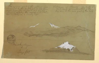 素描、コロンビア、プレセ火山とエクアドル、シンチョラグア山の眺め、1853年8月9日と9月