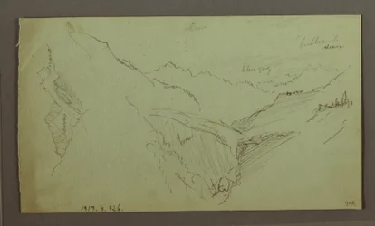 素描、村と急峻な谷（アルプス）、1868-69年