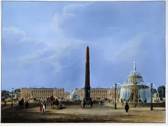 ルクソールのオベリスクとコンコルド広場の噴水の眺め - マルテンスの "Paris 1832 "にて。Ed.Weith and Hauser.