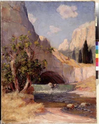 プロヴァンスのフォンテーヌ デュ ヴォクリューズ風景の眺め。 フレデリック・モンテナール (1849-1926) による絵画。 65x50,5 cm 必須の言及: マルセイユ、プロヴァンスのコレクション財団