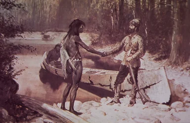 フランス系カナダ人の毛皮商人がネイティブ・アメリカンと商売をする様子 19世紀後半 カラーリトグラフ