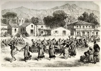 村の広場「ハギア・アンナ（聖アンナ）」でのフォークダンス。アンリ・ベルが1861年から1868年から1874年に行ったギリシャでの航海を説明するために描いたリクスの絵をもとにした版画（1876年、エドゥアール・シャルトン編集の「Le tour du monde」に掲載）。