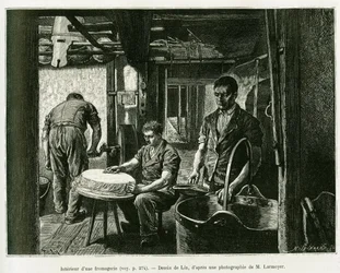 チーズ工場の内部。1885年にドイツ人旅行者シャルル・グラッドがアルザスとロレーヌ地方を旅行した際に、エドゥアール・シャルトン（1807-1890）の指揮の下、1887年のツアー・デュ・モンドに掲載された物語を説明するためにリックスが描いたもの。